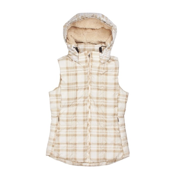 Patagonia Wooly Plaid in Raw Linen Neutral Color Hood Vest Puffer Size Medium - Picture 11 of 11